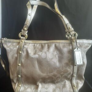Coach Metallic Signature Tote in Light Gold